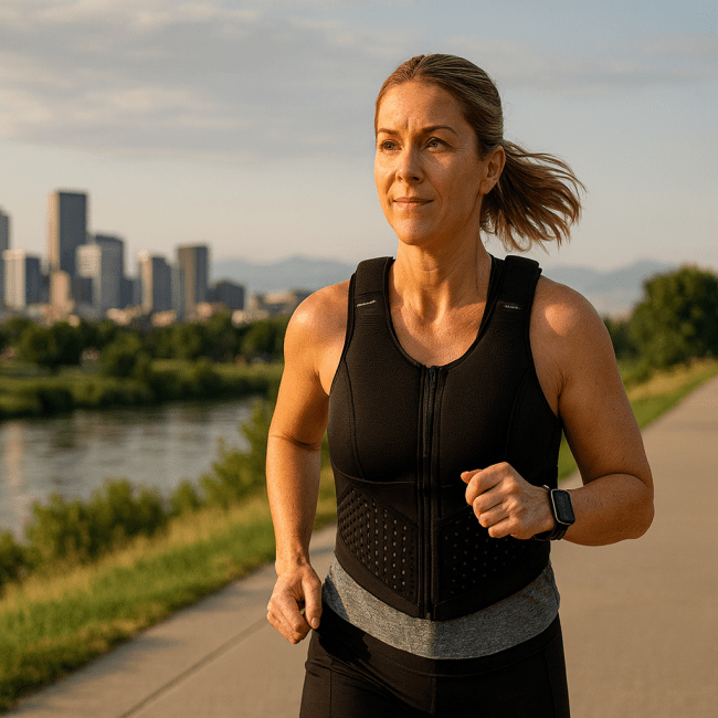 Woman jogging with a weighted vest in front of Denver skyline